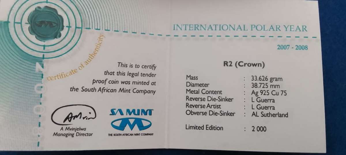 2008  SILVER R2 POLAR YEAR PROOF COIN IN SA MINT BOX + CERT