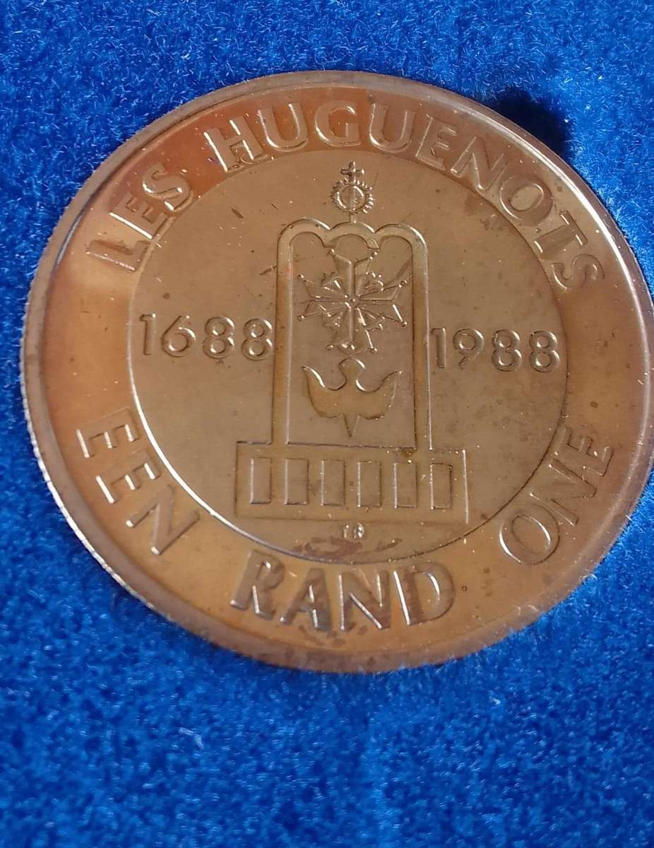 SUPER SILVER SALE!  1988 LES HUGUENOTS R1 PROOF COIN IN SA MINT BOX - LOVELY TONING