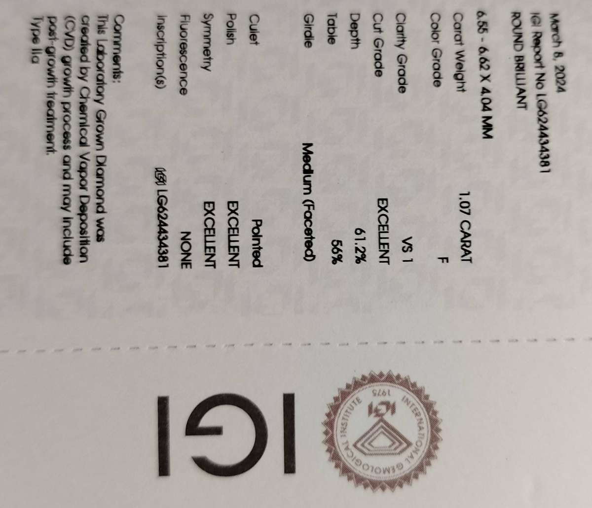 IGI Certified 1.07 Lab Grown Diamond Ring in 14K Solid White Gold Setting