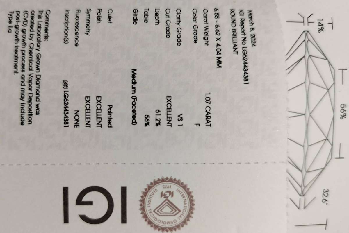 IGI Certified 1.07 Lab Grown Diamond Ring in 14K Solid White Gold Setting