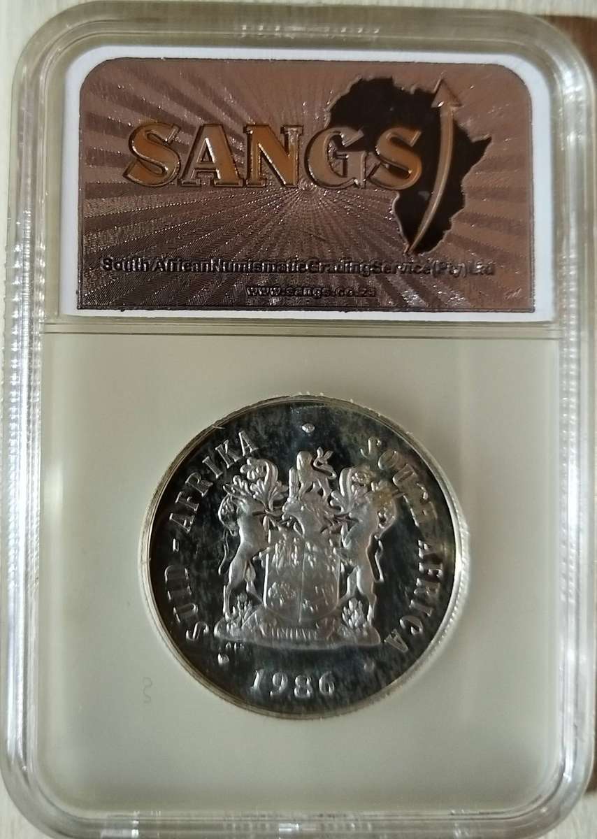 SA 1986 SILVER R1 JOHANNESBURG ANNIVERSARY SANGS GRADED PROOF 64