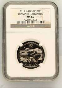 2011 GREAT BRITAIN COPPER NICKEL 50 PENCE OLYMPICS  AQUATICS NGC GRADED MS 66
