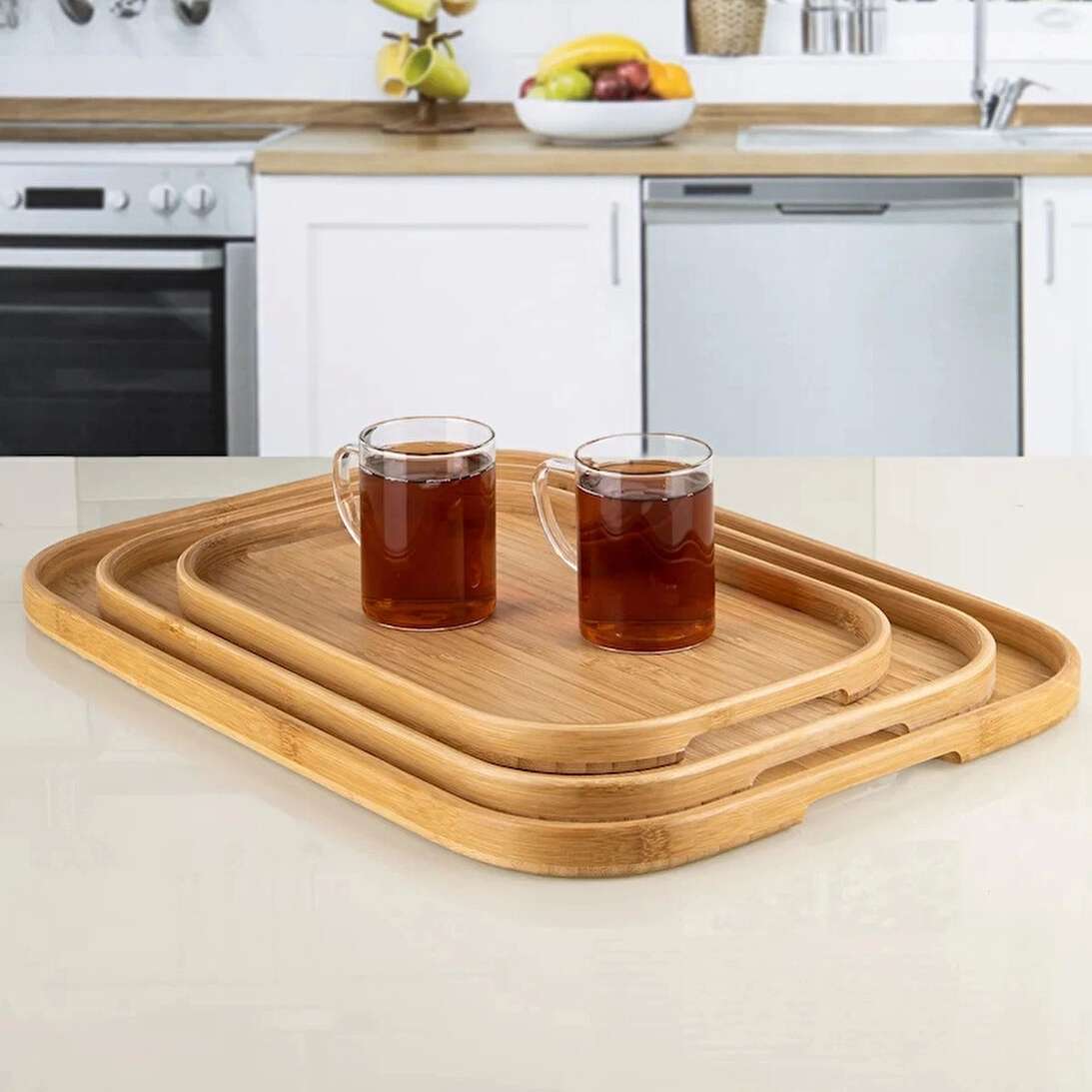 Rectangle Bamboo Bottom Handle Serving Tray - 33x25x2cm
