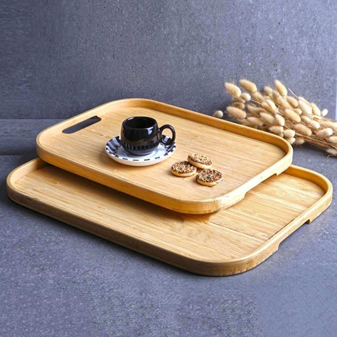Rectangle Bamboo Bottom Handle Serving Tray - 33x25x2cm