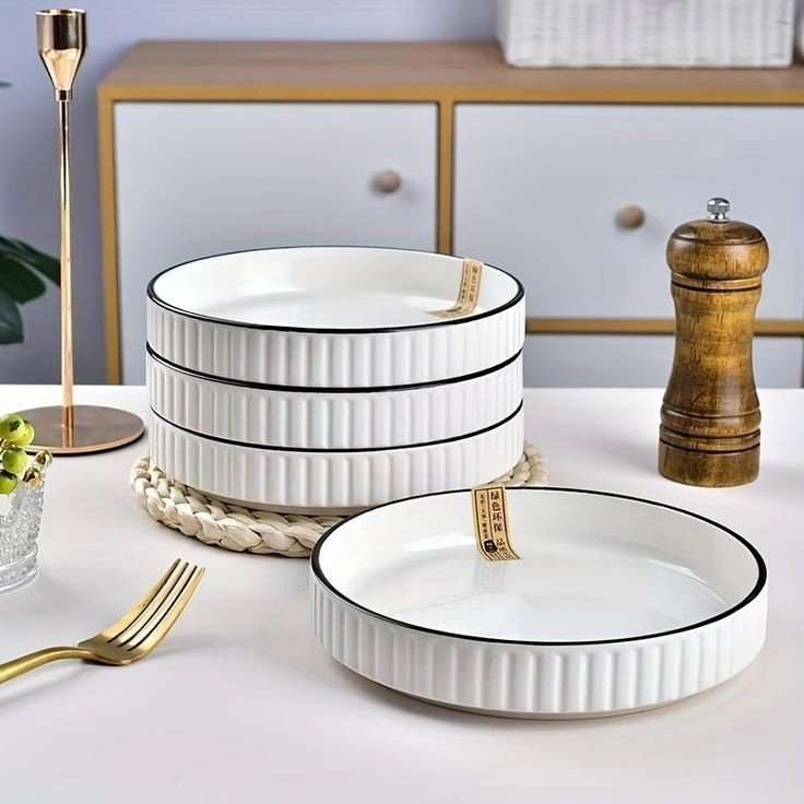 Set of 4 White with Black Rim Stackable Ceramic Serving Pasta Plates