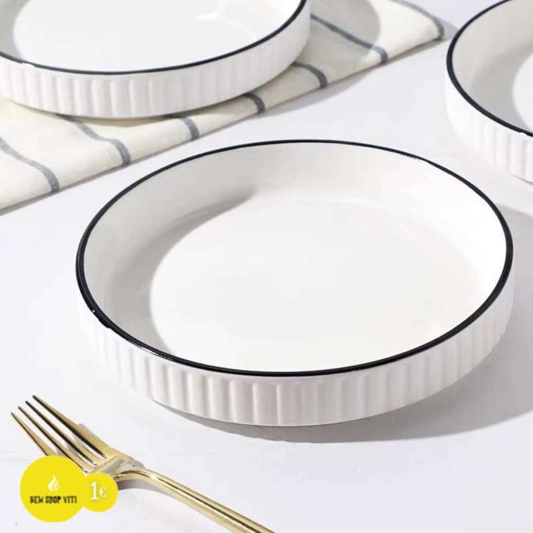 Set of 4 White with Black Rim Stackable Ceramic Serving Pasta Plates