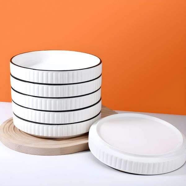 Set of 4 White with Black Rim Stackable Ceramic Serving Pasta Plates