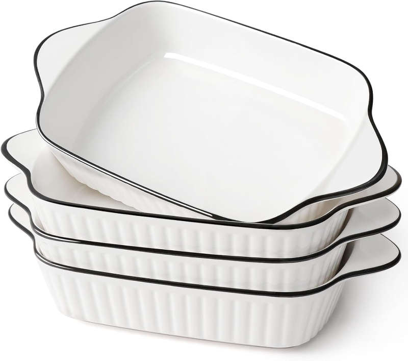 Set of 2 White with Black Rim Ceramic Rectangular Baking Dish with Handles
