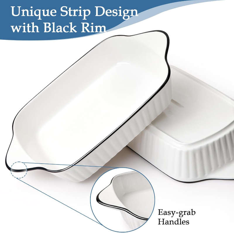 Set of 2 White with Black Rim Ceramic Rectangular Baking Dish with Handles