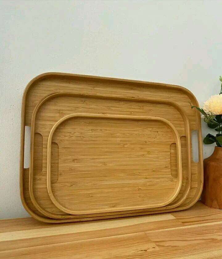 Rectangle Bamboo Bottom Handle Serving Tray - 33x25x2cm