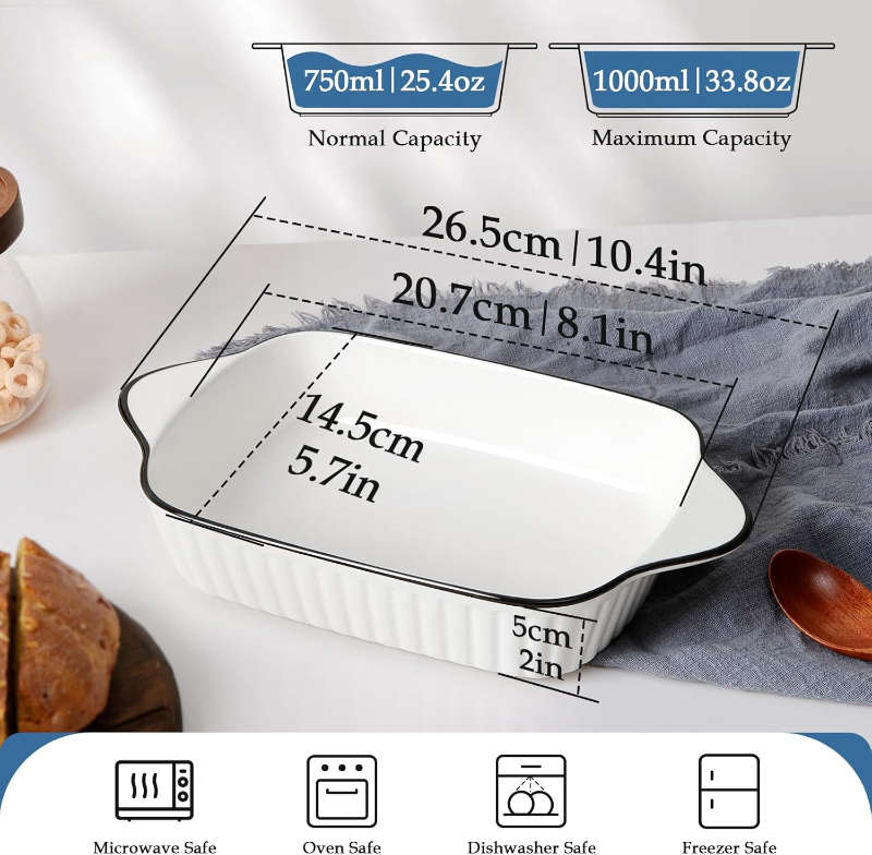 Set of 2 White with Black Rim Ceramic Rectangular Baking Dish with Handles