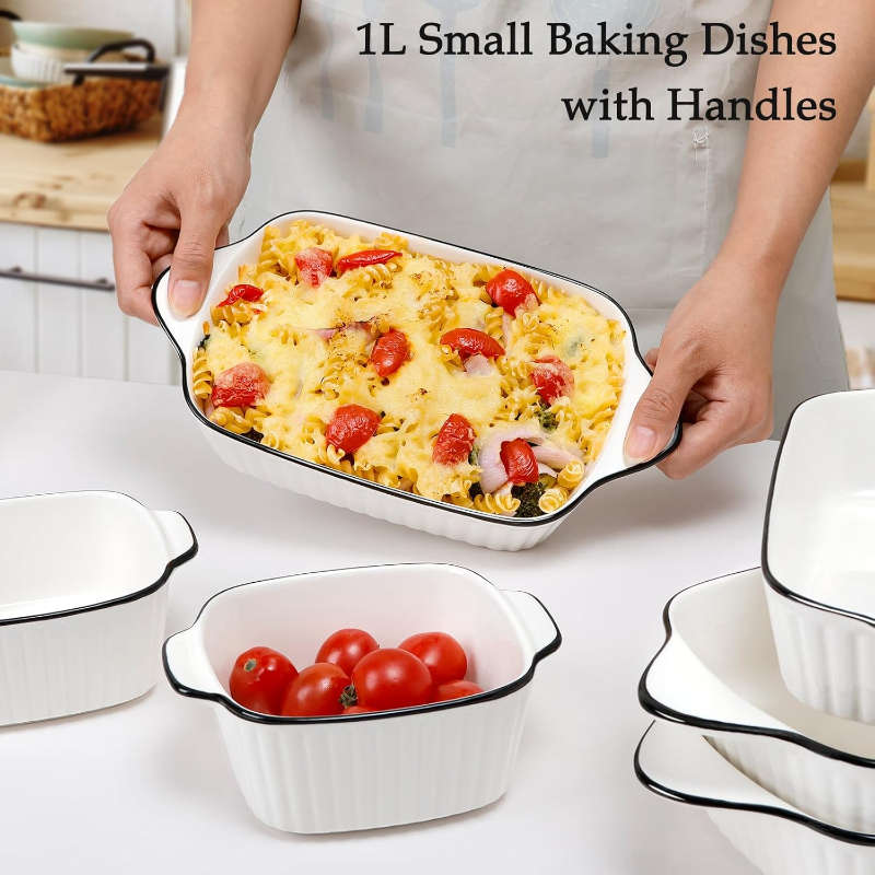 Set of 2 White with Black Rim Ceramic Rectangular Baking Dish with Handles