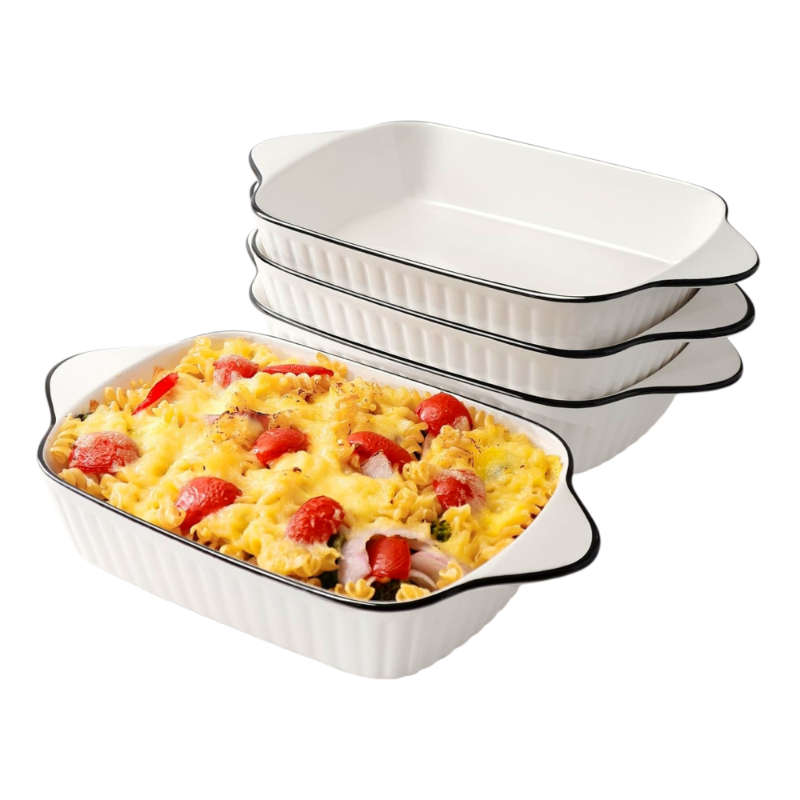 Set of 2 White with Black Rim Ceramic Rectangular Baking Dish with Handles