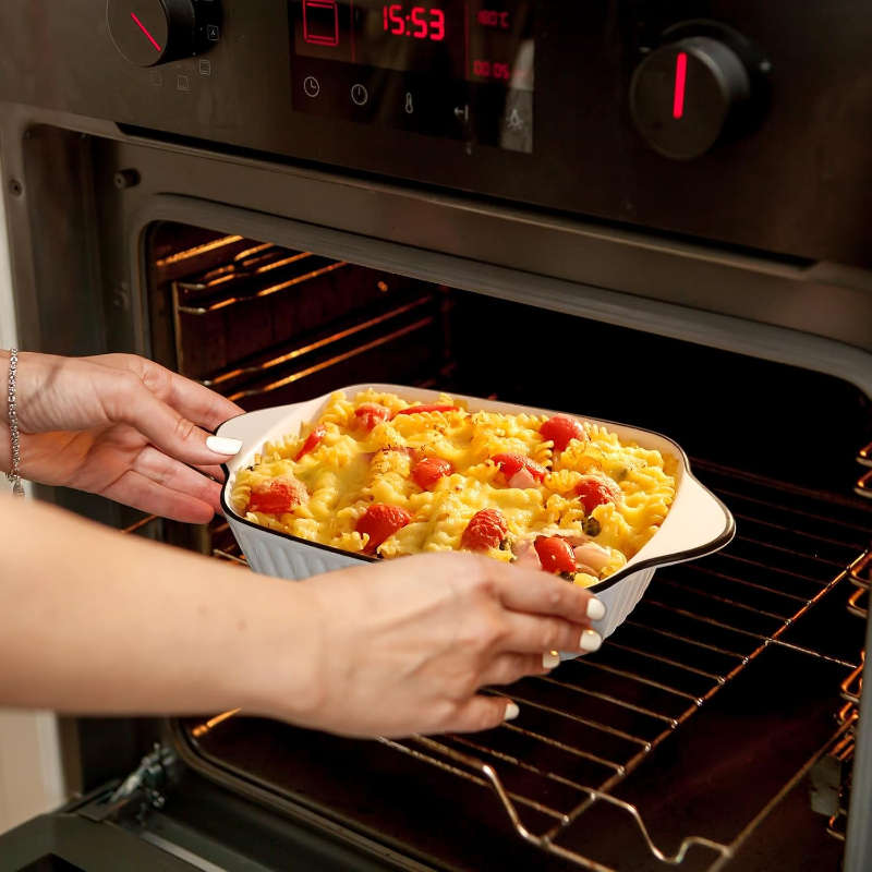 Set of 2 White with Black Rim Ceramic Rectangular Baking Dish with Handles