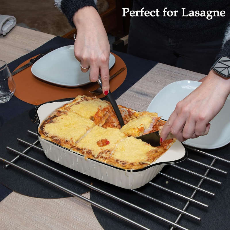 Set of 2 White with Black Rim Ceramic Rectangular Baking Dish with Handles