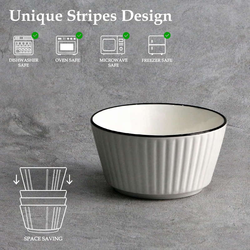 Set of 4 White with Black Rim Stackable Ceramic Simple Bowls (13 x 7 cm)