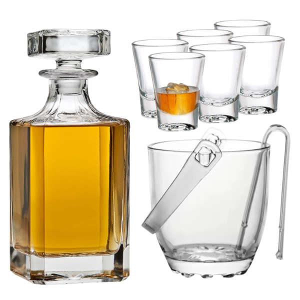 Whiskey Glass Decanter with 6-Pcs Shot Glass Set and Portable Glass Ice Bucket w Handle and Tong