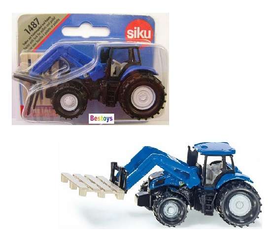 SIKU Diecast Model 1487 New Holland Tractor with pallet fork + pallet accessory +- 1/64 scale