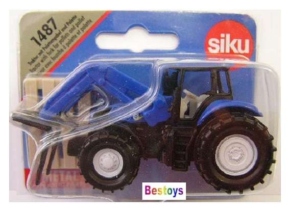 SIKU Diecast Model 1487 New Holland Tractor with pallet fork + pallet accessory +- 1/64 scale