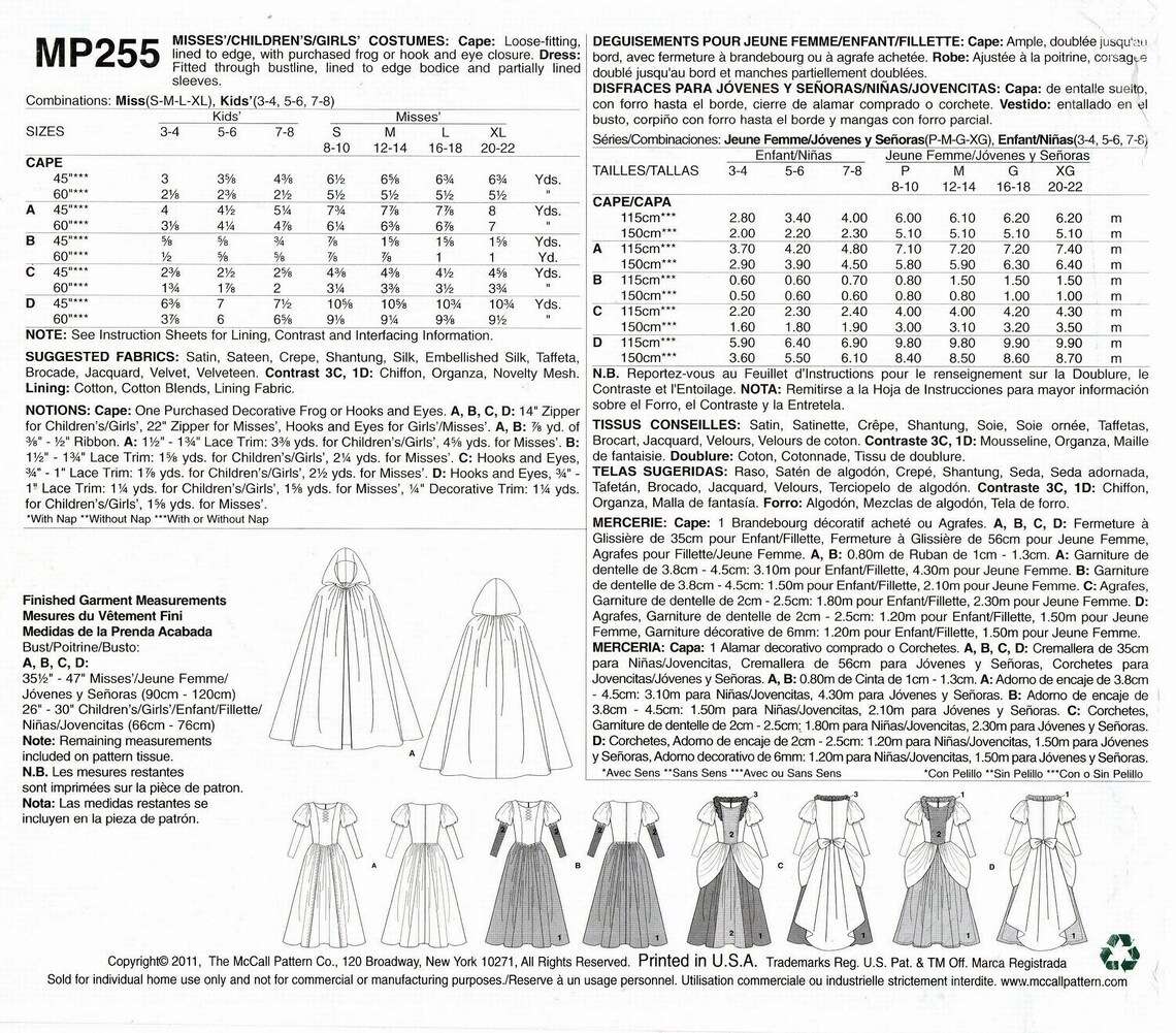 McCalls Costumes MP255 (Sml-Med-Lrg-Xlg) - Princess Dresses for Girls - Sewing Pattern