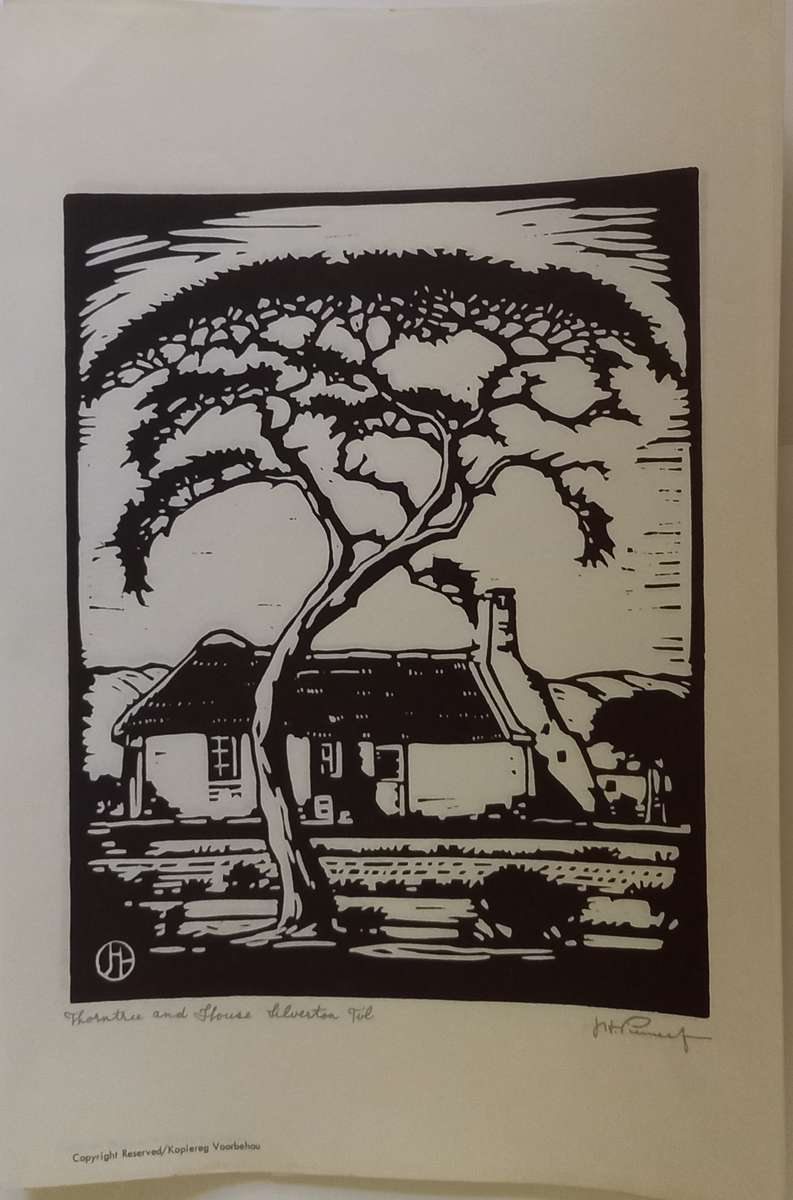 Linosniee afdruk van Doringboom met huis Silverton Pretoria (Pionier) deur Jacob Hendrik Pierneef
