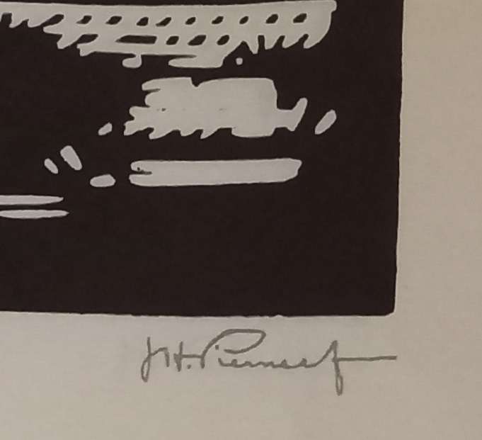 Linosniee afdruk van Doringboom met huis Silverton Pretoria (Pionier) deur Jacob Hendrik Pierneef