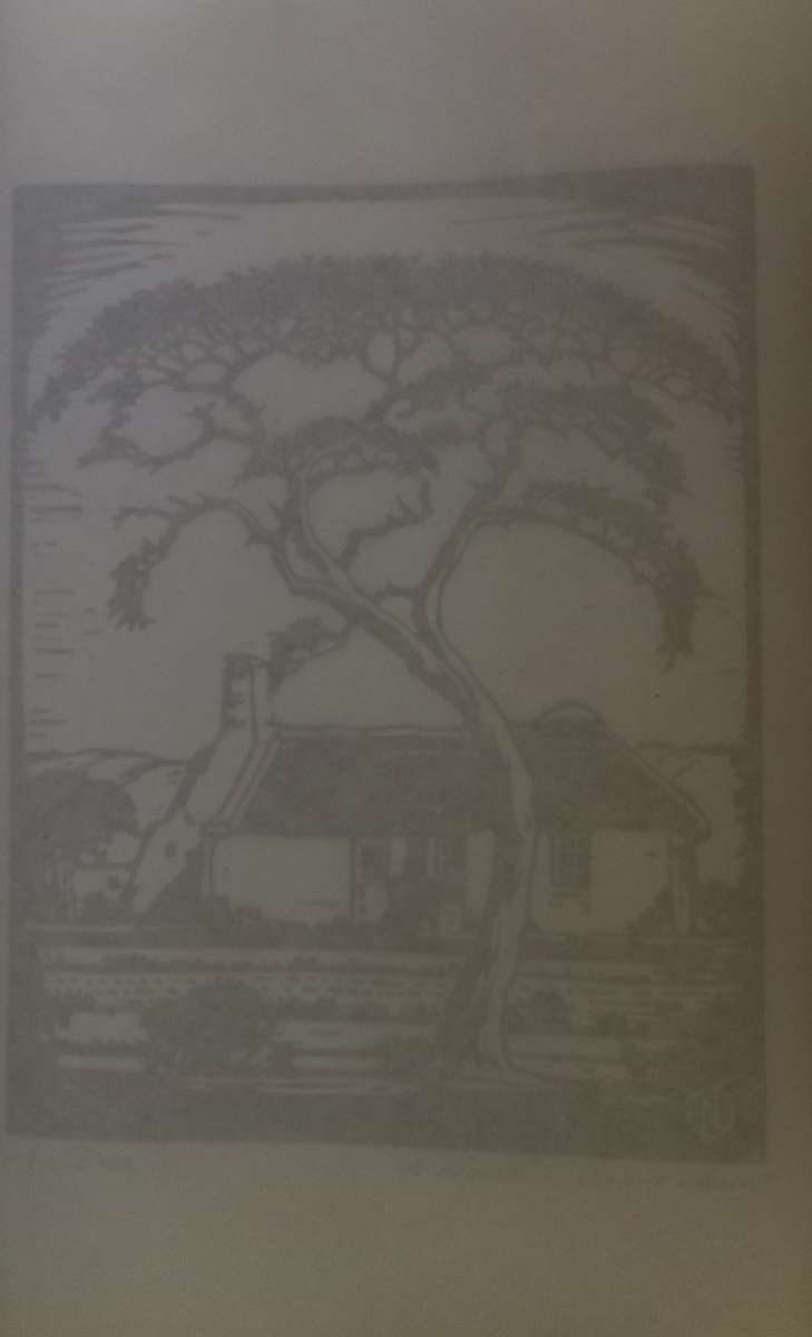 Linosniee afdruk van Doringboom met huis Silverton Pretoria (Pionier) deur Jacob Hendrik Pierneef