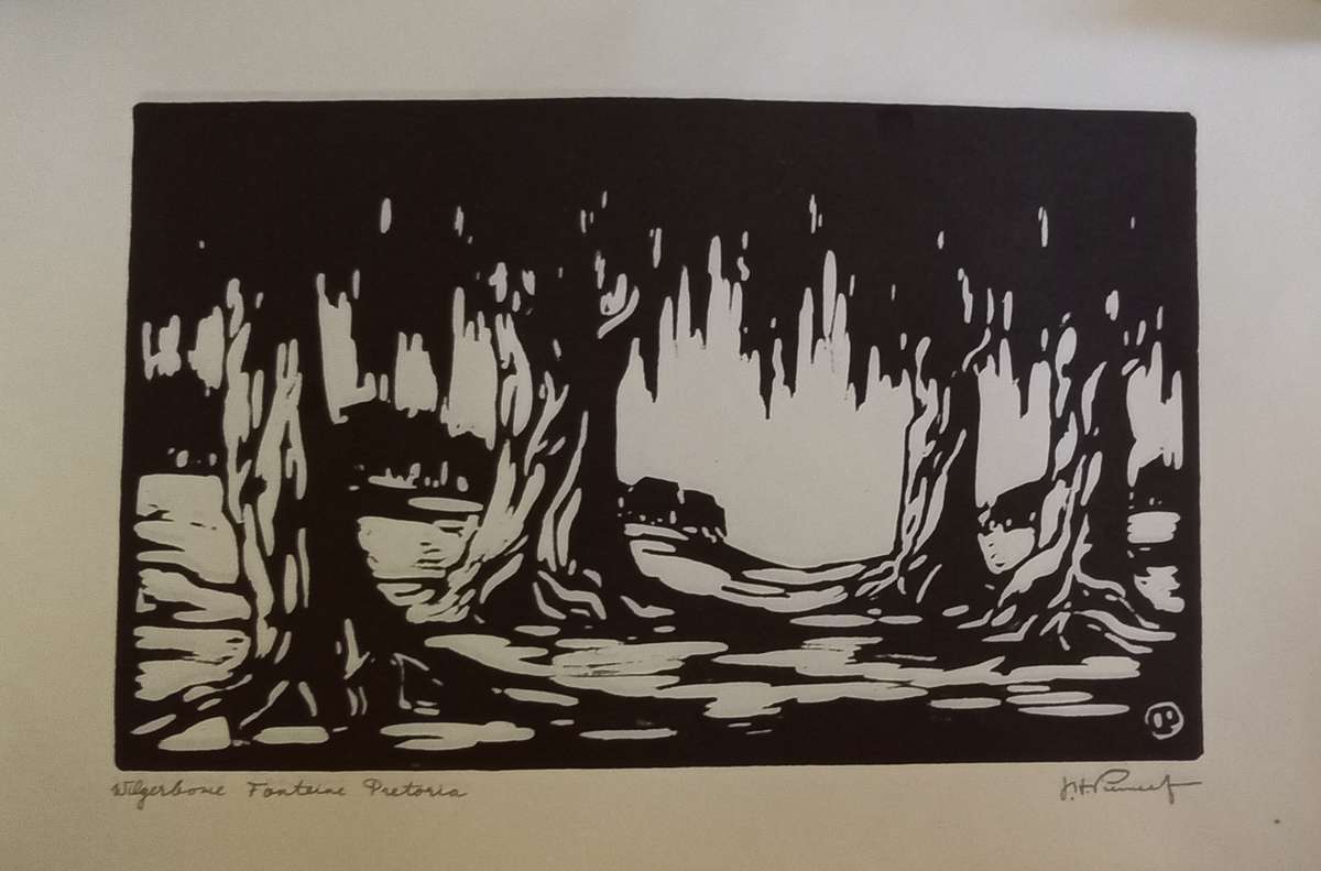 Linosniee afdruk van Wilgerbome Fonteine Pretoria deur Jacob Hendrik Pierneef