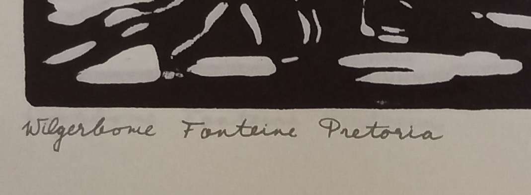 Linosniee afdruk van Wilgerbome Fonteine Pretoria deur Jacob Hendrik Pierneef