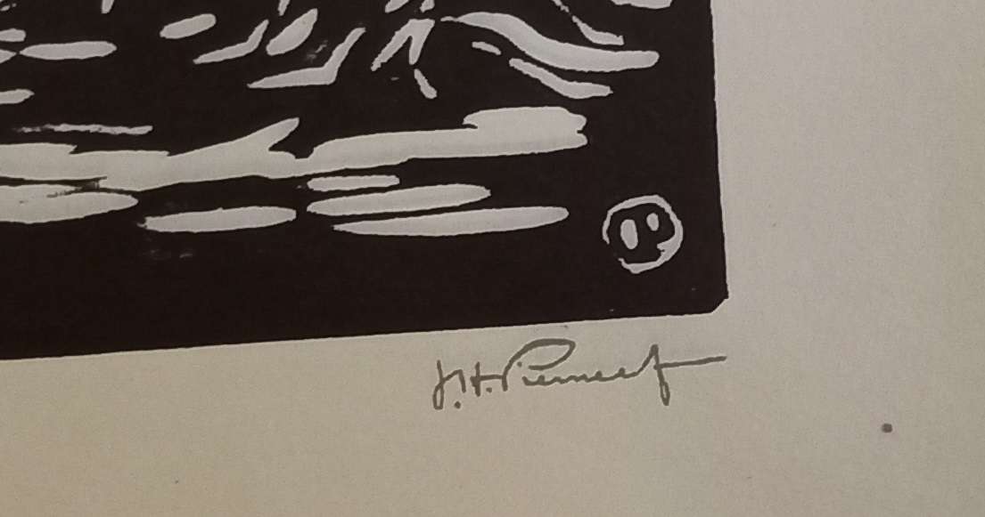 Linosniee afdruk van Wilgerbome Fonteine Pretoria deur Jacob Hendrik Pierneef