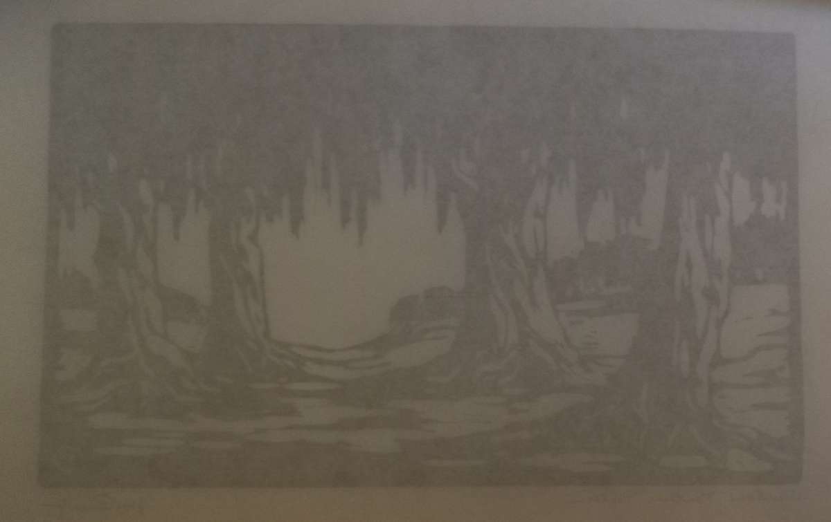 Linosniee afdruk van Wilgerbome Fonteine Pretoria deur Jacob Hendrik Pierneef