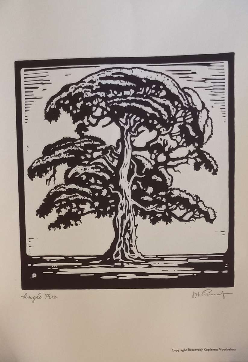 Linosniee afdruk van Enkele boom deur Jacob Hendrik Pierneef