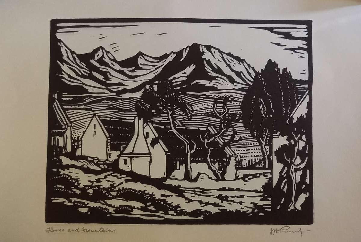 Linosniee afdruk van Huis met berge deur Jacob Hendrik Pierneef