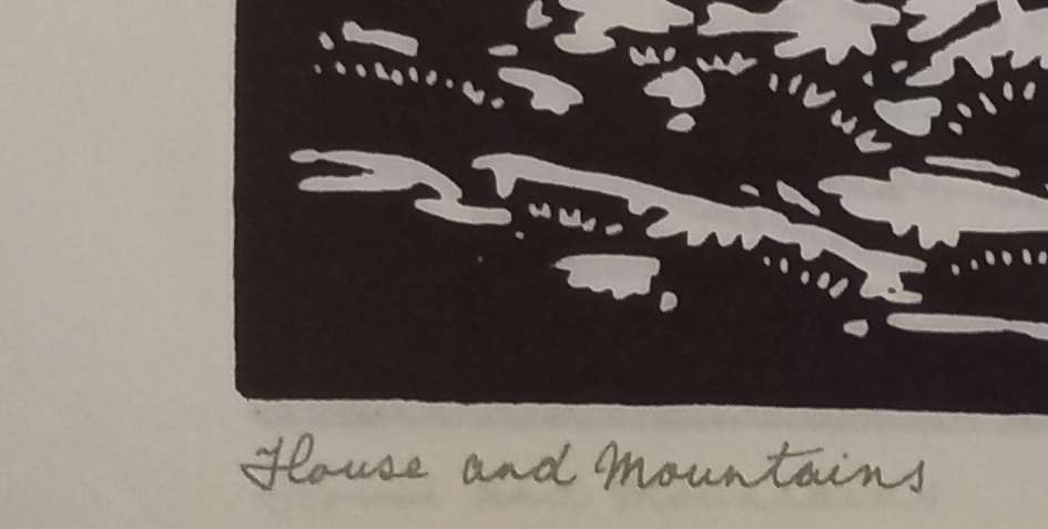 Linosniee afdruk van Huis met berge deur Jacob Hendrik Pierneef