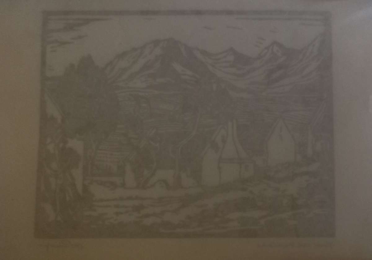 Linosniee afdruk van Huis met berge deur Jacob Hendrik Pierneef