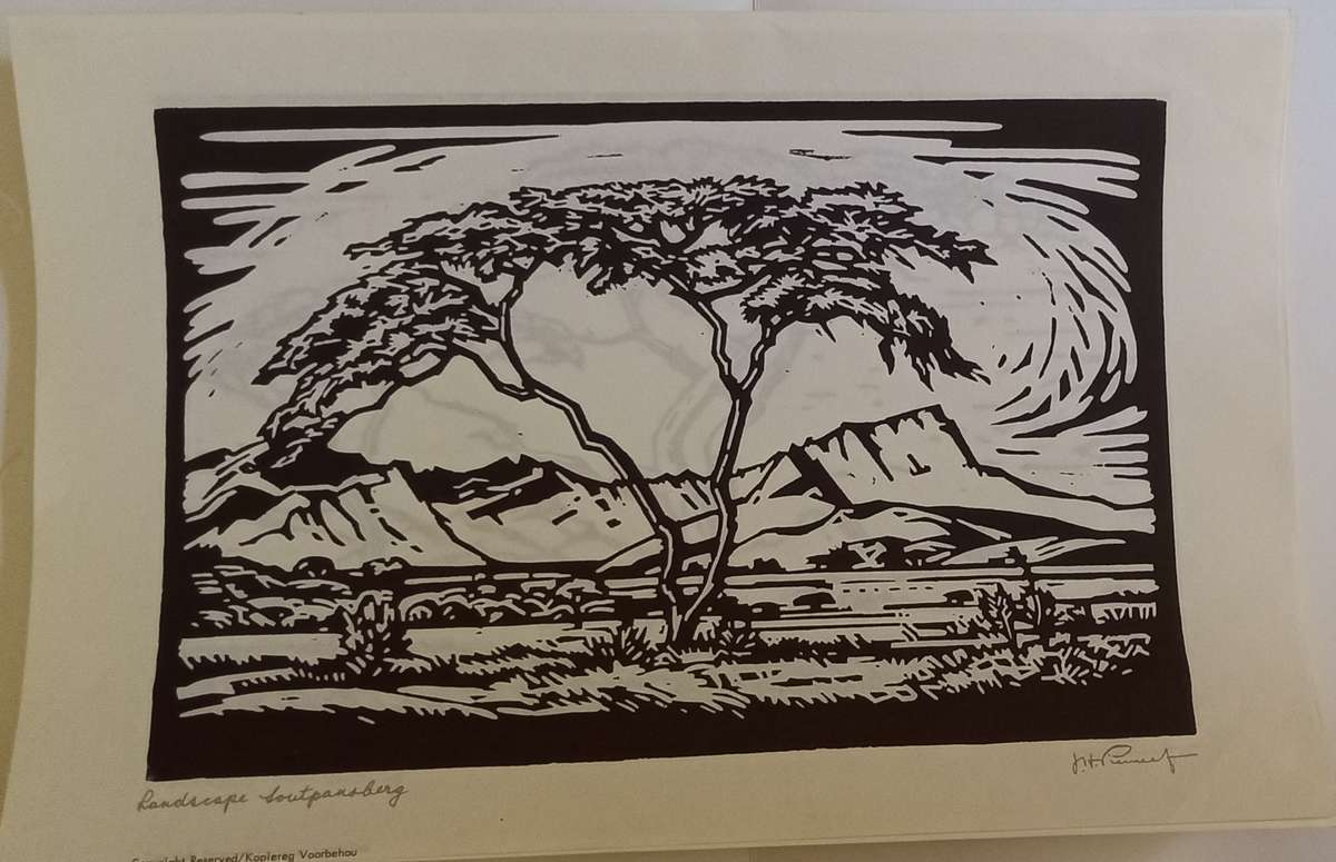 Linosniee afdruk van Landskap Soutpansberg deur Jacob Hendrik Pierneef