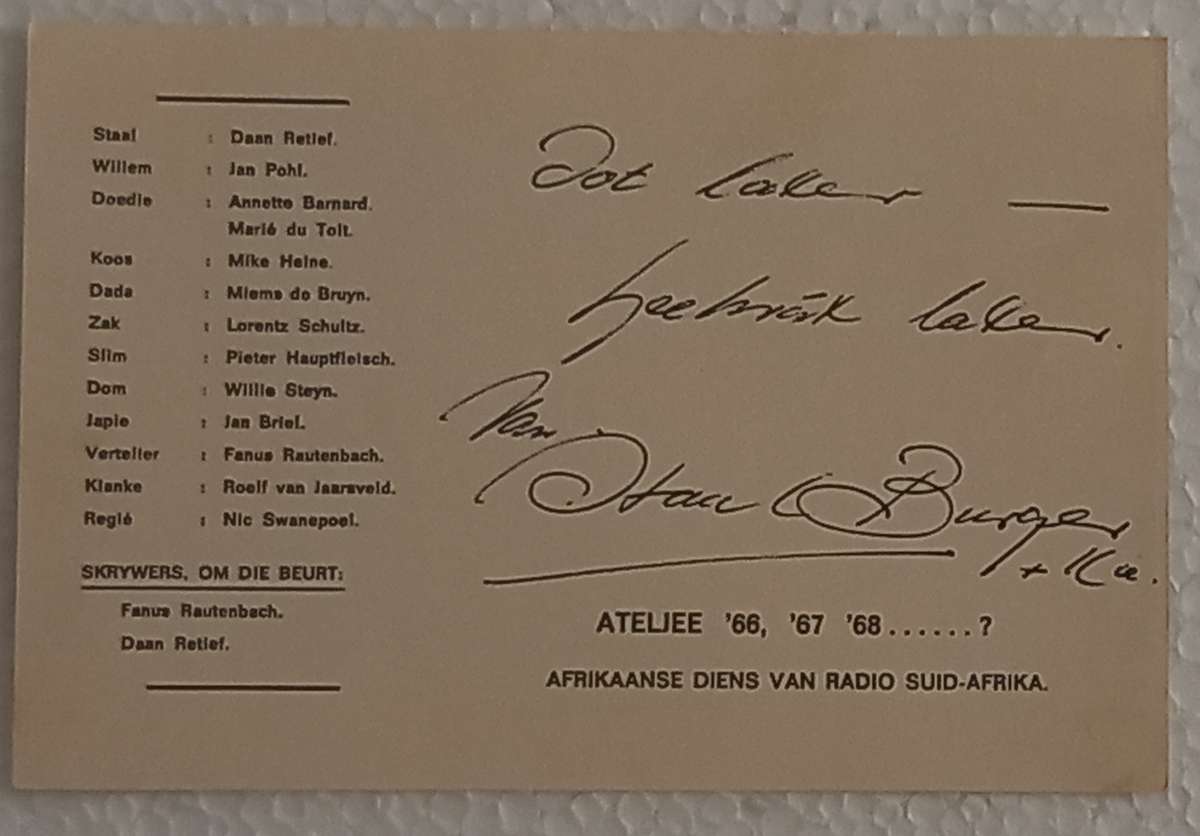 Staal Burger - groete poskaart met akteurlys, ens