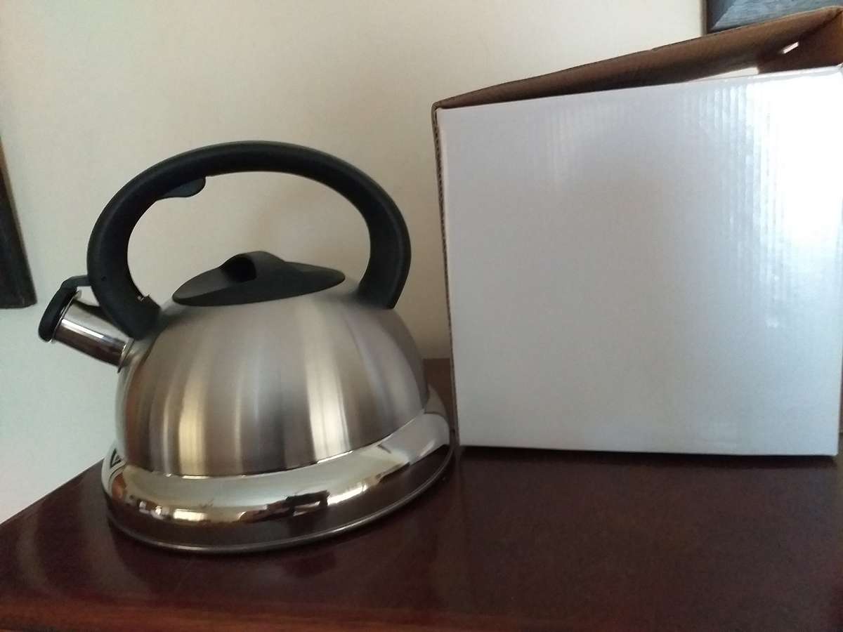 Brand new stovetop stainless steel kettle (for example for gas plate) in box
