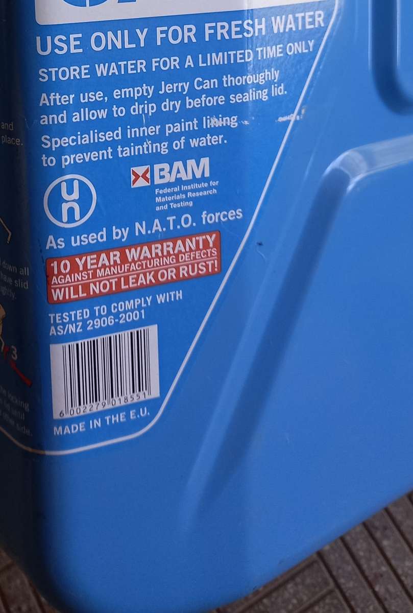 20 L Blue metal water jerry can as used by NATO forces (Pro  Quip)