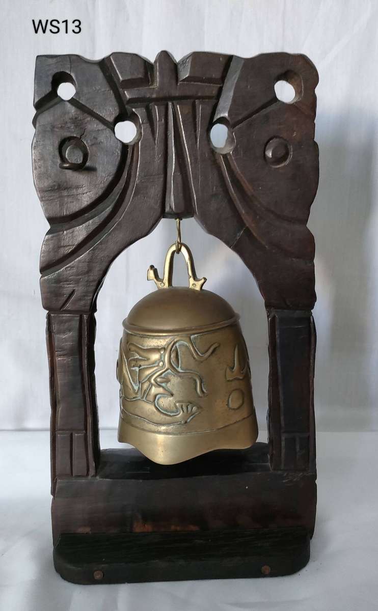 Antique Buddhist bell - ornate wooden stand with some silver inserts -375 x 215 mm- bell 110 mm wide