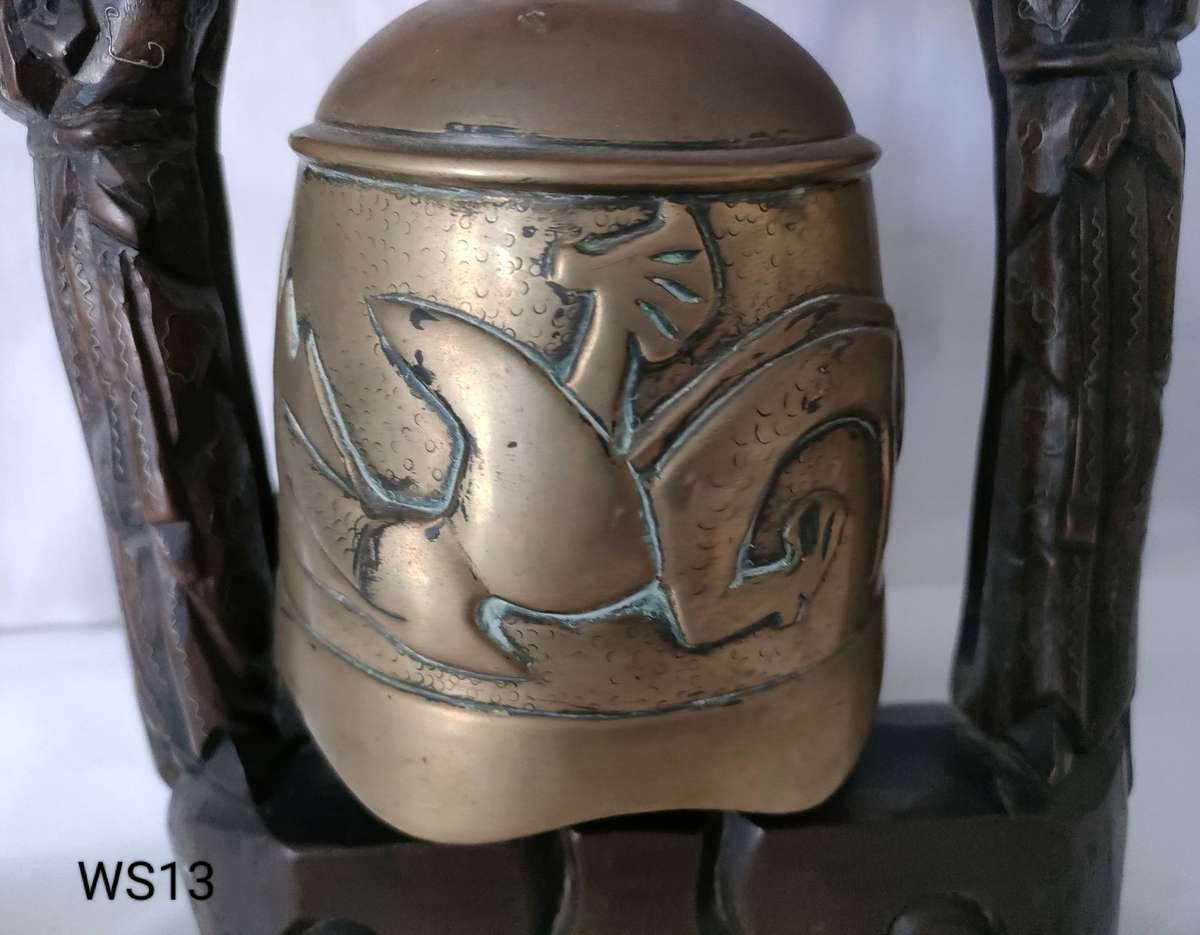 Antique Buddhist bell - ornate wooden stand with some silver inserts -375 x 215 mm- bell 110 mm wide