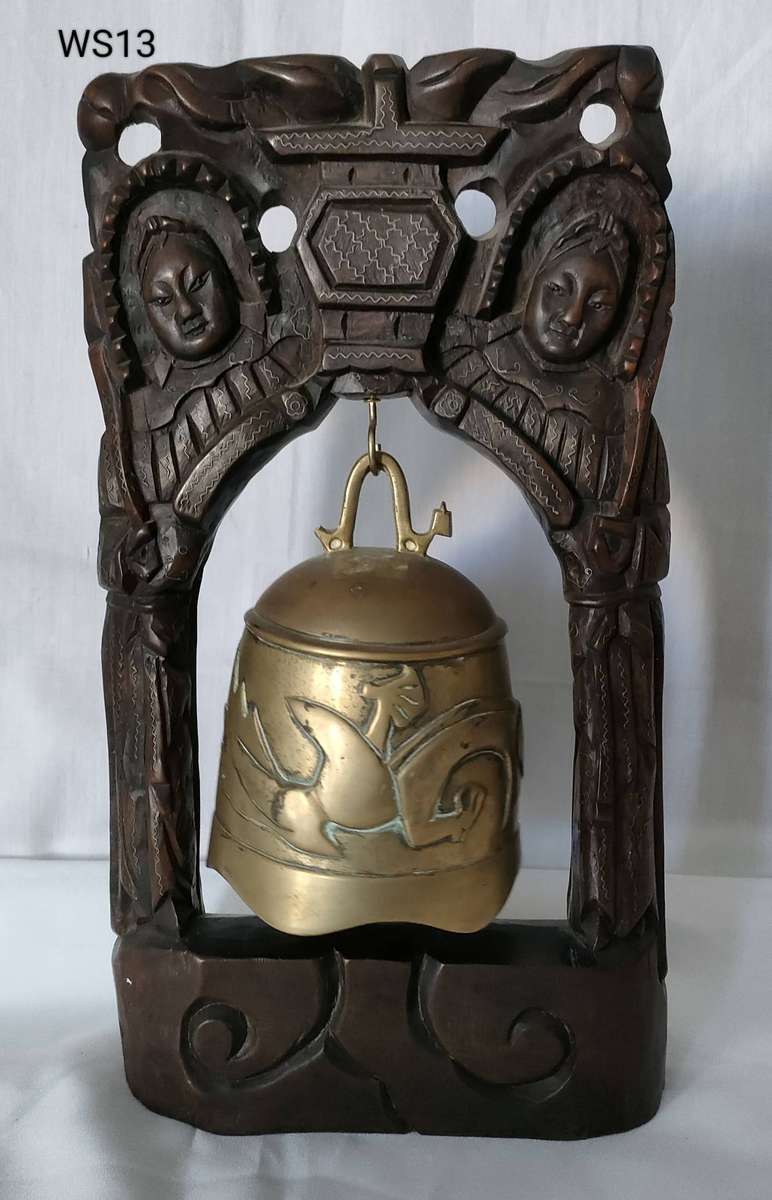 Antique Buddhist bell - ornate wooden stand with some silver inserts -375 x 215 mm- bell 110 mm wide