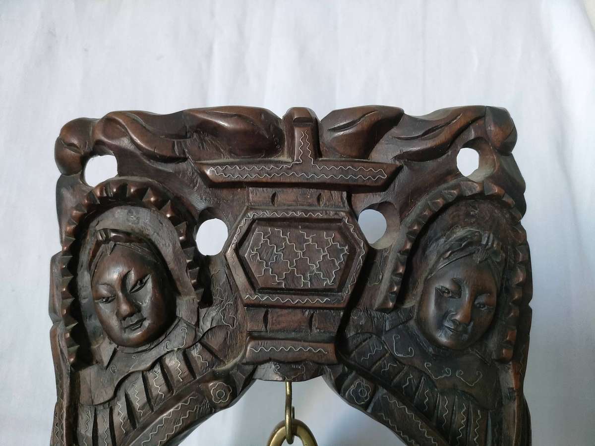 Antique Buddhist bell - ornate wooden stand with some silver inserts -375 x 215 mm- bell 110 mm wide