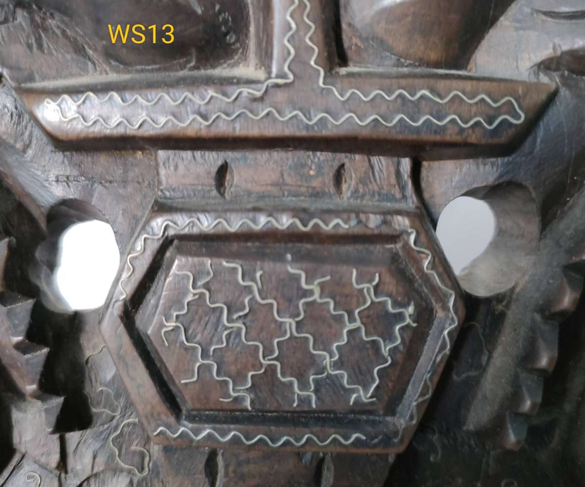 Antique Buddhist bell - ornate wooden stand with some silver inserts -375 x 215 mm- bell 110 mm wide