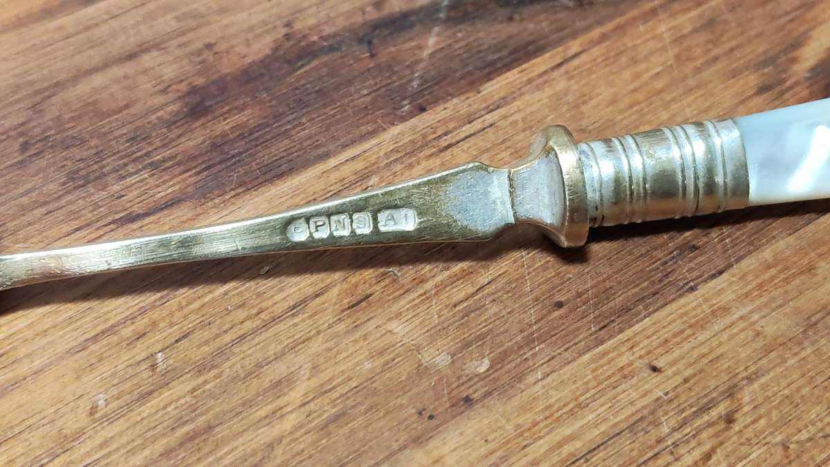 Stunning Antique EPNS Pickle/Olive Fork Mother of Pearl Handle.