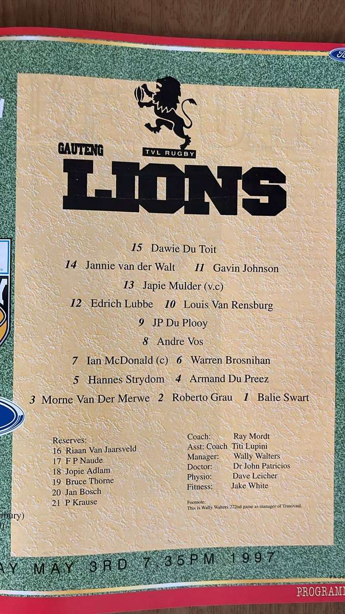 1997 Chiefs vs Lions at Hamilton Programme, details below