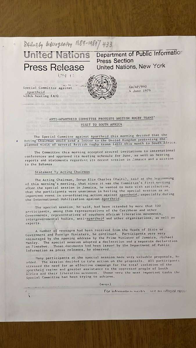 1979 United Nations Press Release Regarding Rugby Tours, details below