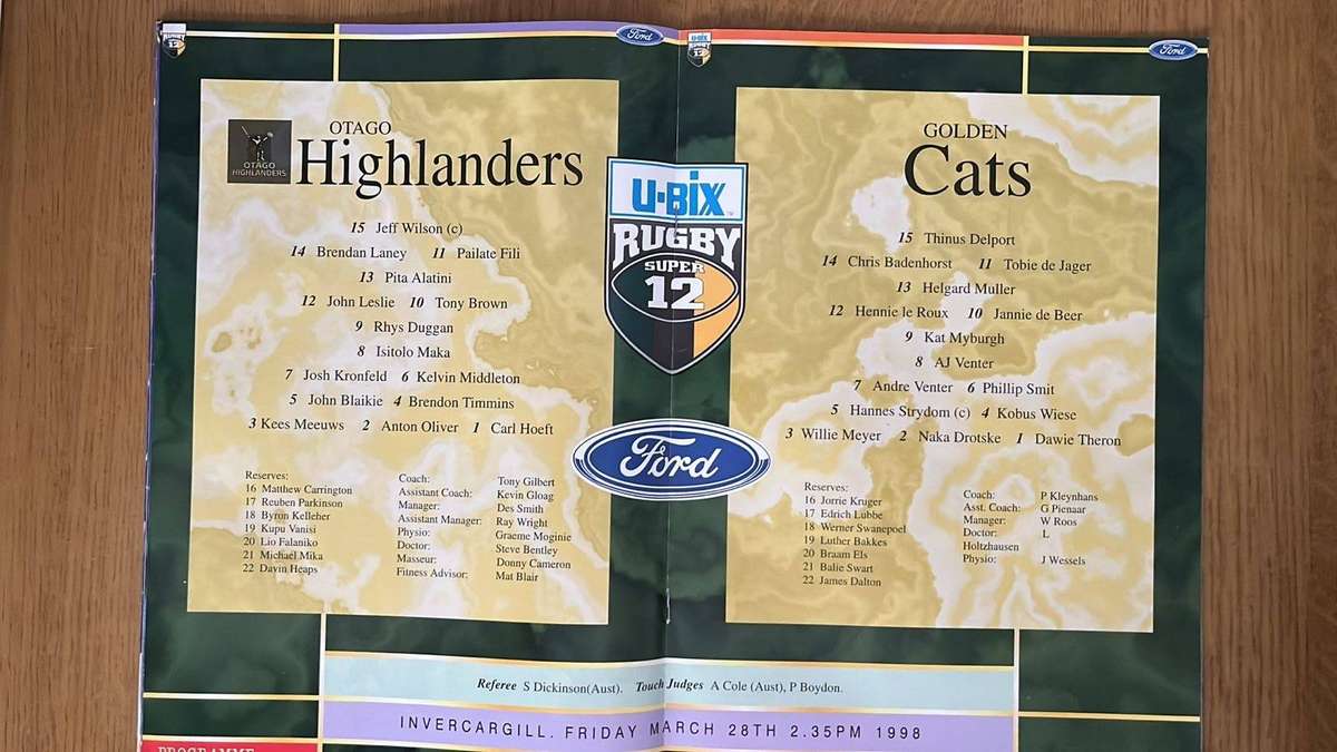 1998 Cats vs Highlanders at Invercargill Programme, details below
