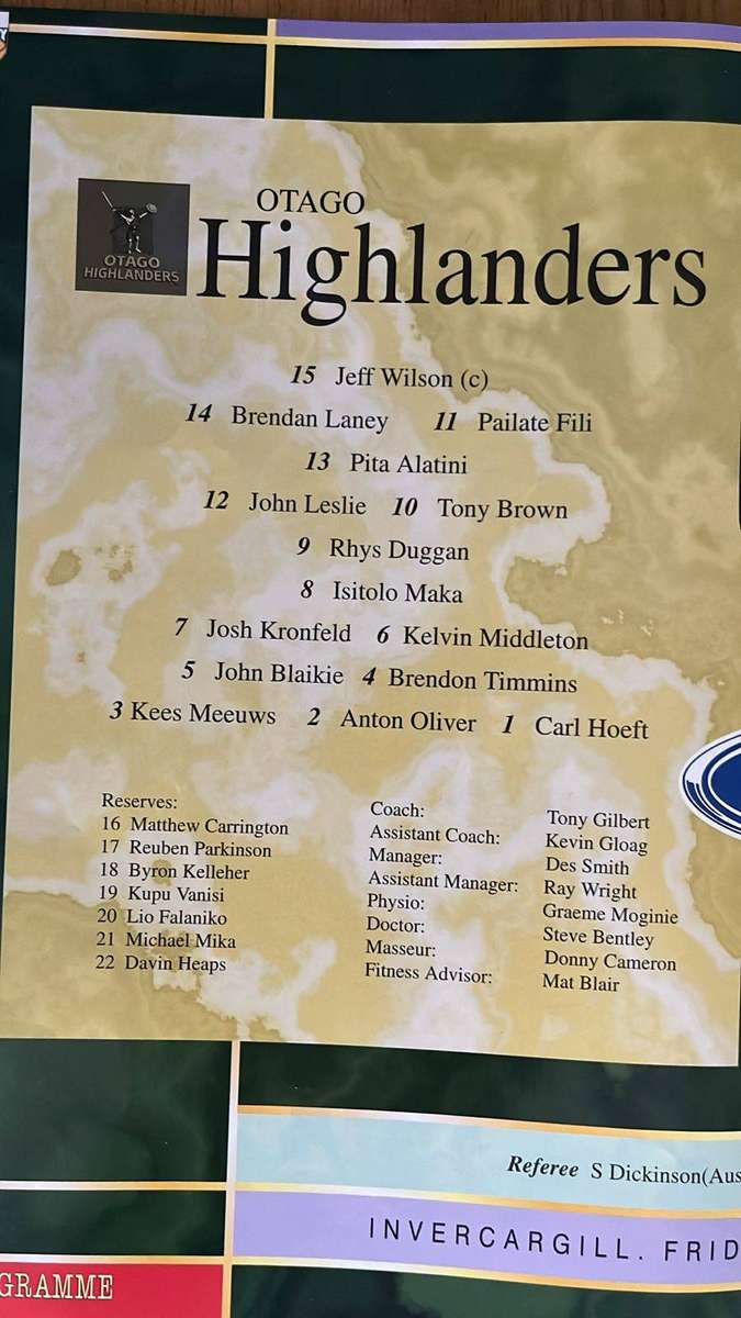 1998 Cats vs Highlanders at Invercargill Programme, details below