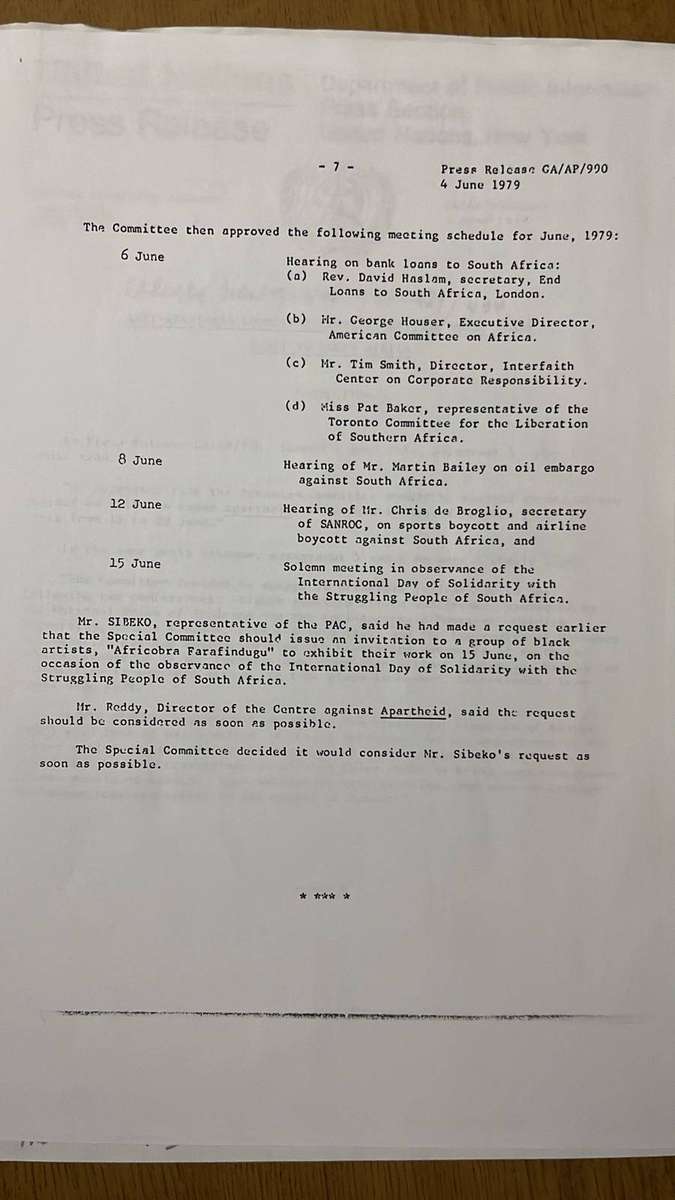 1979 United Nations Press Release Regarding Rugby Tours, details below